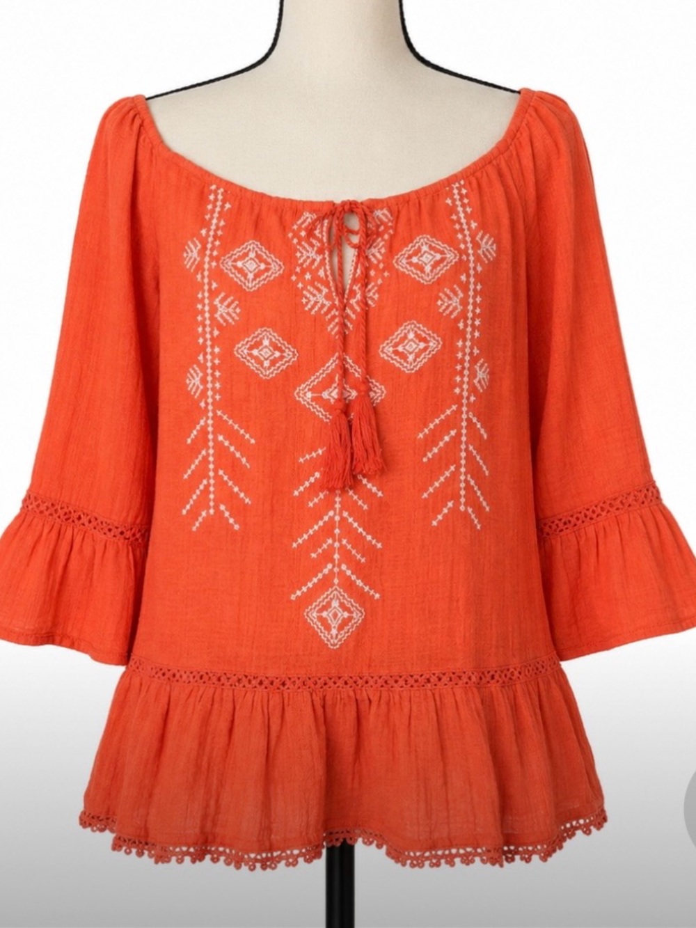 Vintage America Blues Coral Embroidered Boho Peasant Top Size M Bell Sleeve